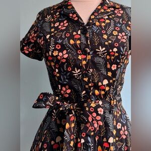 Black Floral Button-Front Shirt Dress with Tie Waist
